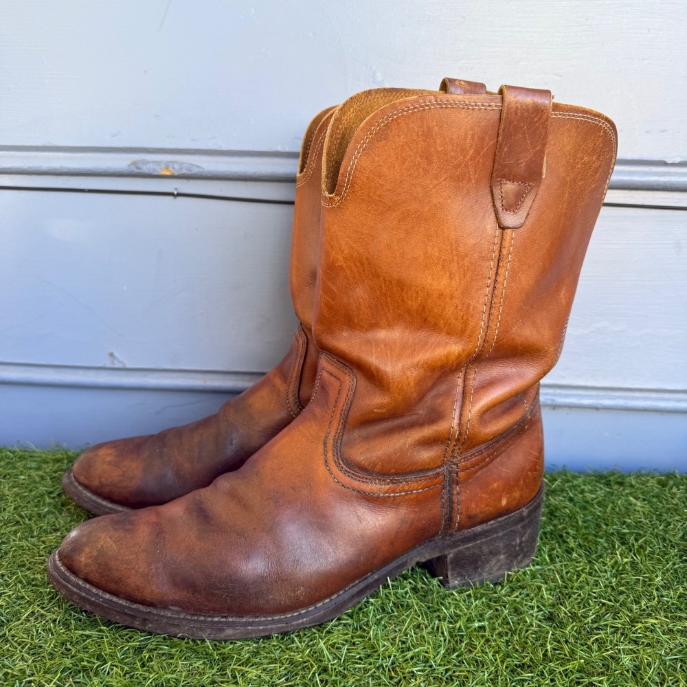 Vintage Mens Brown Leather Western Cowboy Pull On Work Boots Distressed - Picture 4 of 9